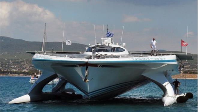 The world largest solar Catamaran arrives at the port of Piraeus, Greece