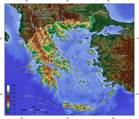 Mapa geofísico de Grecia y de las islas griegas