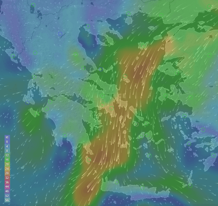 An instance of meltemi in the Aegean with the direction and intensity of wind that had prevailed by region. In this case the southeastern Aegean receives the wind with less intensity.