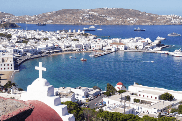A view of the port area of Mykonos Town