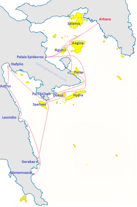 A map of Saronic Islands and Argolis and further south to Monemvasia - Two weeks island hopping