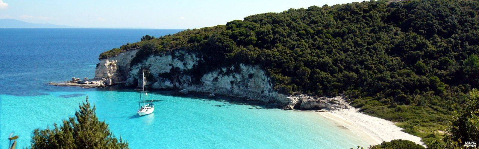 A pristine beach reached aboard a bareboat charter in Greece.